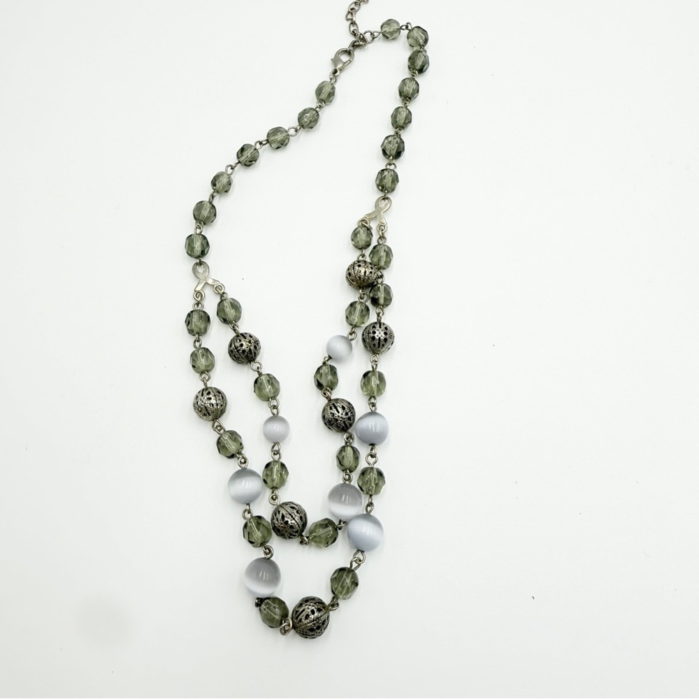 Tiger Eye Stone & Crystal Beaded Double-Strand Necklace Silver Filigree Accents - Picture 3 of 9